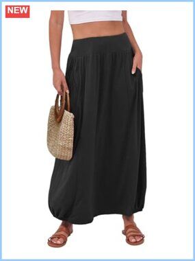 Women's Summer Boho Flowy Maxi Skirt High Waist Elastic Loose Fit